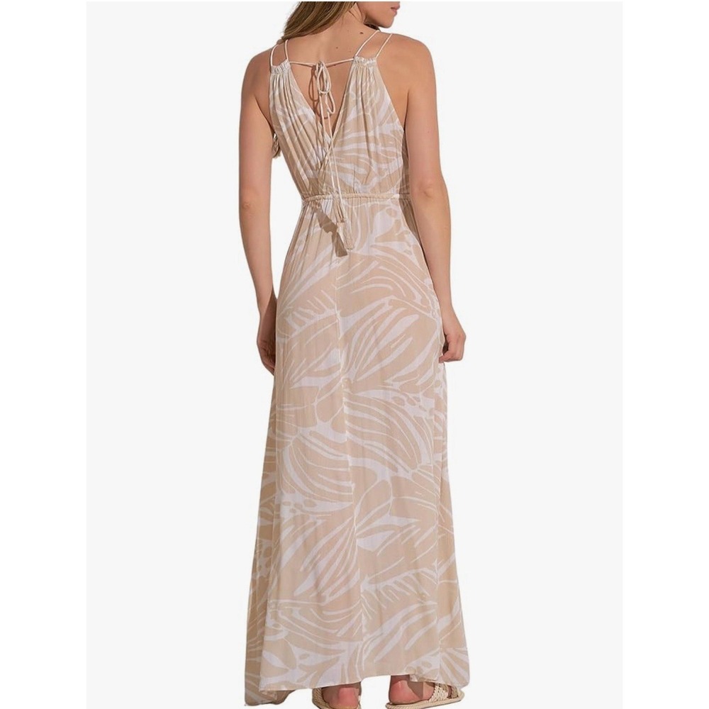 Beach cover up maxi dress sheer v neck lighweight tan drawstring NEW L - Picture 2 of 13